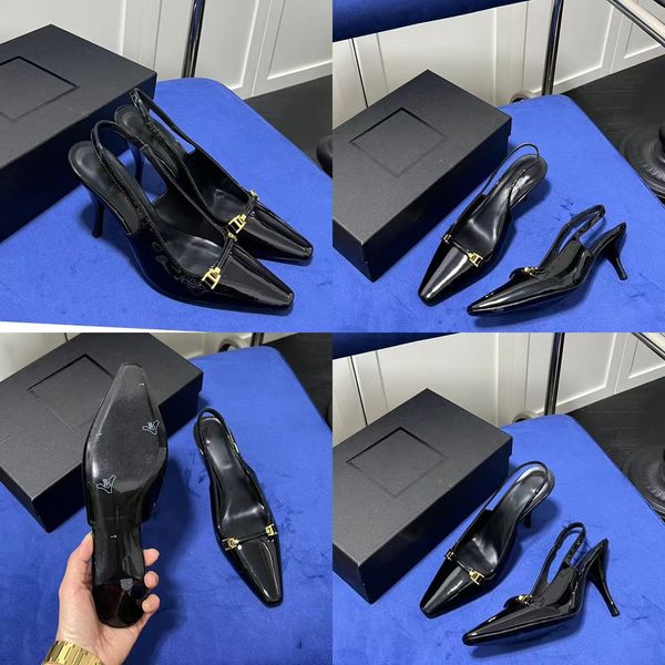 

designer shoes women high heels 2023 summer sandals pointed fine heeled high heels metal buckle patent leather dress shoes banquet 7cm 9cm, Black