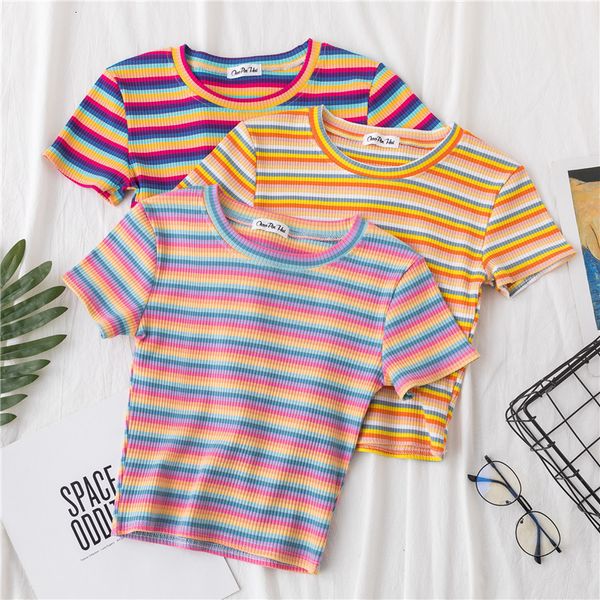 

women's t shirt cotton t shirt korean rainbow striped crop slim fit t shirt harajuku tshirt summer short sleeve female clothes 230714, White