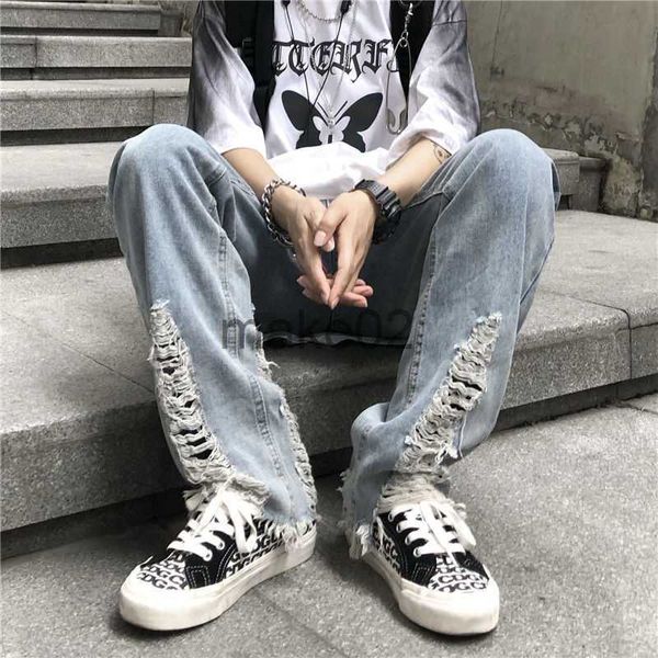 

men's jeans ripped edge beggar jeans mens oversize hiphop street trend loose wide leg straight pants casual washed blue denim trousers