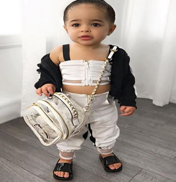 

toddler kids baby girl clothes set summer fishnet patchwork sleeveless crop ants two pieces sets cotton casual children girls1391758, White