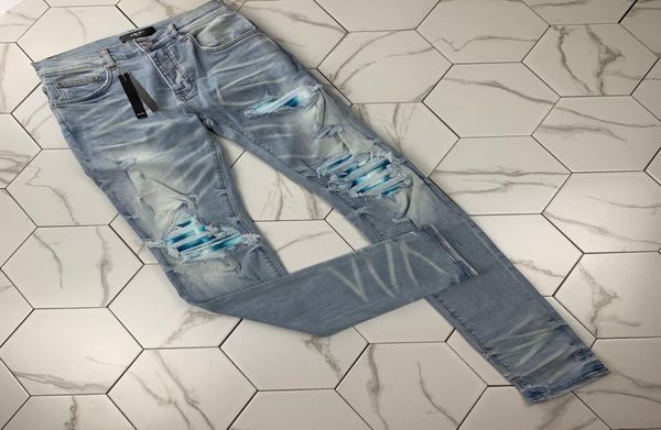

a new tide brand knee hole patch jeans slim feet micro stretch personality jeans mens designer fashion brand trouser3045940, Blue