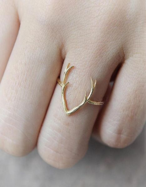 

10 pcs simple deer antler stag ring reindeer deer horn ring cute animal buckhorn ring jewelry5211163, Golden;silver