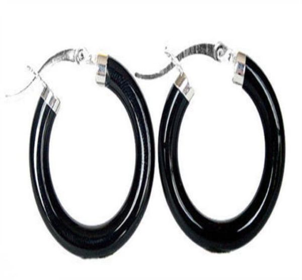 

new fashion black agate onyx 925 sterling silver snap closure hoop earrings5743311