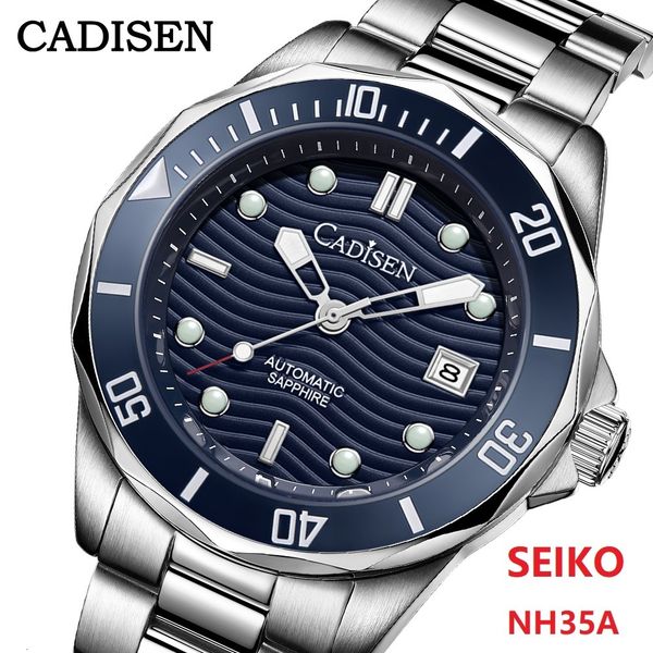 

other watches cadisen diver water ghost luxury sapphire crystal blue men automatic mechanical ceramic bezel 10bar luminous date window 23071, Slivery;black