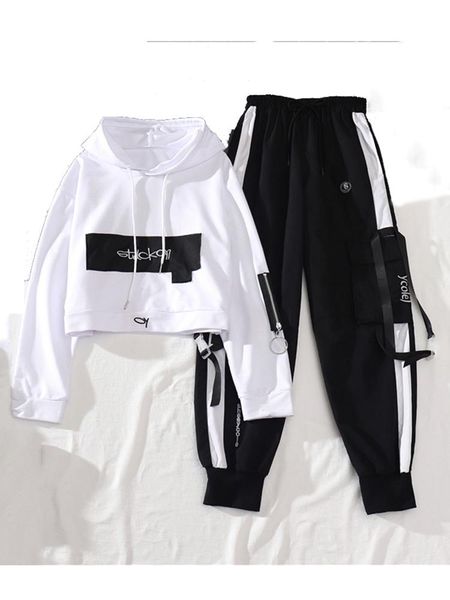 

dresses spring autumn female streetwear cargo pants loose high waist joggers women 2 piece long sleeve with casual trousers, Black;gray