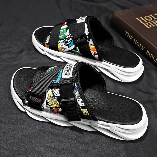 

slippers summer slippers men outdoor slides for male men's shoes comfort flat sole non-slip flip-flops trend beach shoes sport slippers, Black