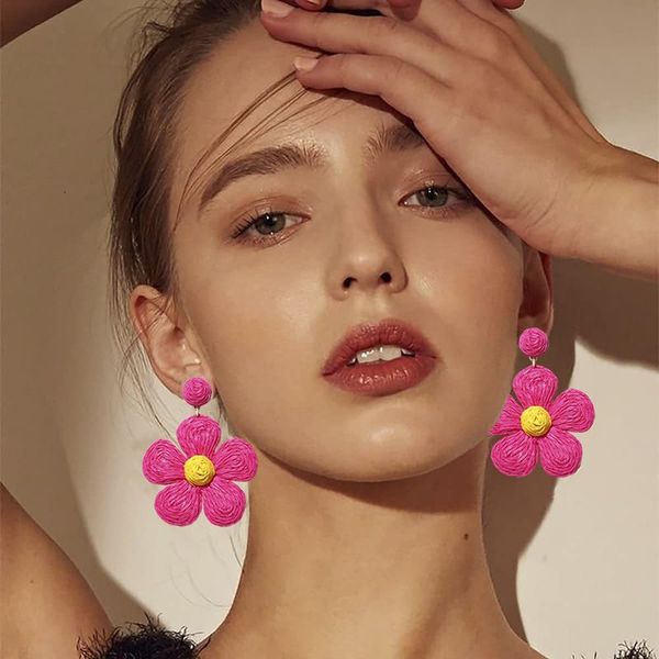 

stud raffia flower plant earrings for women boho drop handmade woven straw wicker piendientes mujer femme bijoux 230714, Golden;silver