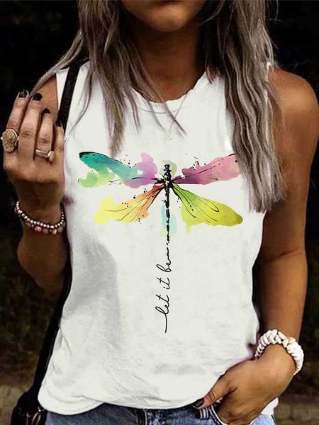 

women's t-shirt funny saying shirts let it be abstract letter tank for women dragonfly graphic tees sleeveless summer t-shirts cute ve, White