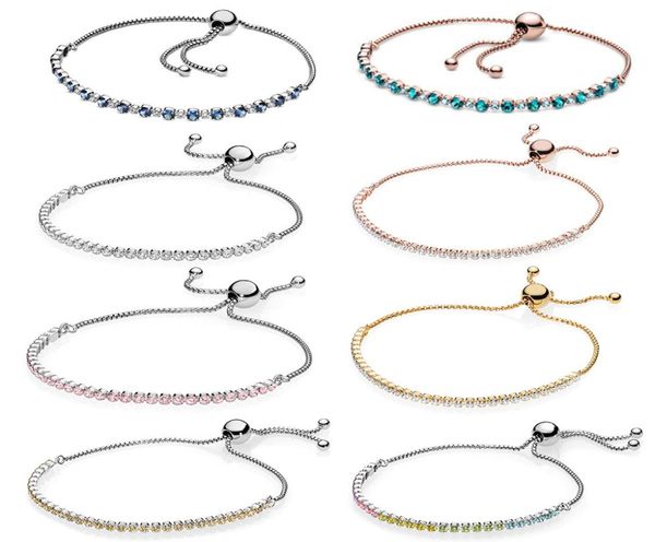

925 sterling silver bracelets rose turquoise sparkling slider tennis bracelet 590524cz 590524pcz 590524ccz 590524pczmx 5981921346, Golden;silver
