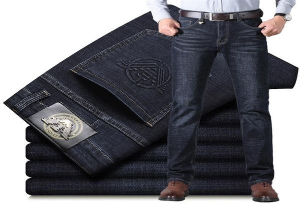 

italy brand men039s jeans trousers cotton straight elastic autumn winer thick business pants classic style denim male 2202188891498, Blue