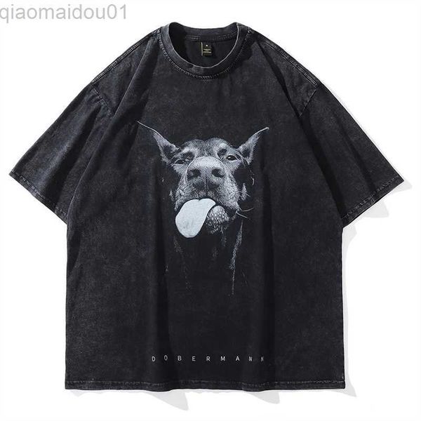 

men's t-shirts 2023 men gothic t-shirts hip hop streetwear letter dog printed punk summer vintage washed oversized short sleeve t shir, White;black