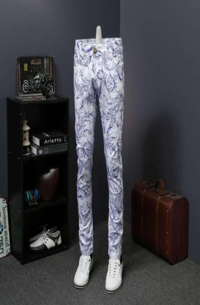 

floral print jeans denim mens skinny jeans casual vaqueros hombre skinny erkek jean pantolon calca masculina48122078068302, Blue