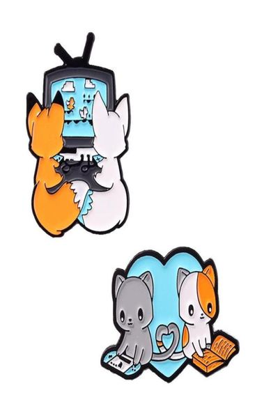 

pins brooches cartoon cute two foxes and cats who are playing games reading books brooch style lapel pin jewelry27013112118863, Gray