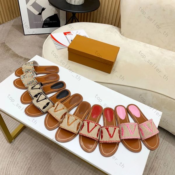 

designer slippers women fabric slides embroidery sandal falt heel sandals summer slip-on slide printing leather shoe beache shoes with box, Black