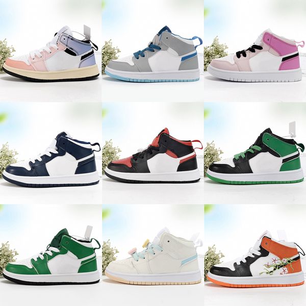 

jumpman 1 1s kids basketball shoes paint drip light smoke grey pink quartz shadow lucky green university blue boys girls toddler outdoor spo