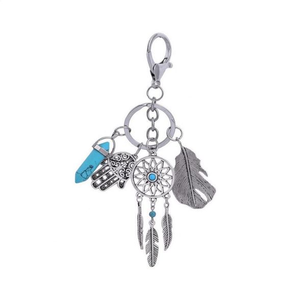 

dream catcher feather keychain hamsa hand fatima hexagonal prism chakra natural stone crystal pendant keyring retro key chain ring8737880, Slivery;golden