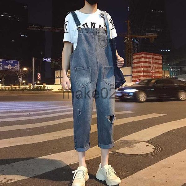 

men's jeans men's denim jumpsuit ripped fashion loose overalls man nine point pants male suspenders pants hole streetwear vintage, Blue