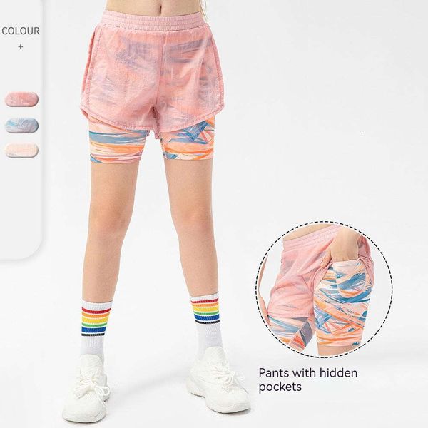 

girls' fake two-piece printed sports shorts liner pocket fitness running shorts, children's yoga dance training shorts