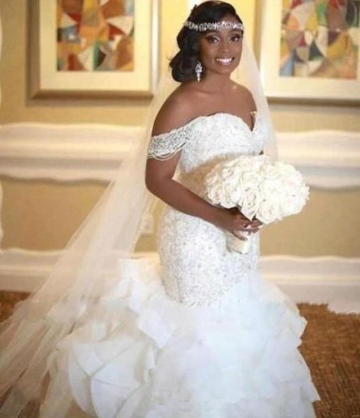 

elegant african mermaid wedding dresses beads shoulder 2021 ruffles off the shoulder pearls lace up back bridal gowns vestidos de 3228402, White