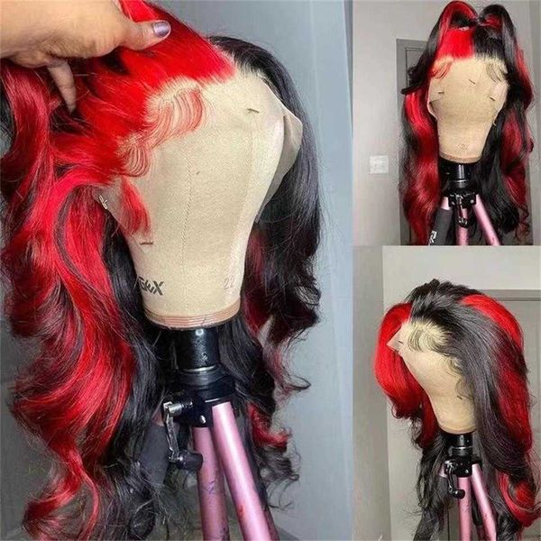 

ombre highlight red black colored wigs hd transparent lace frontal wig body wave human hair pre plucked 13x4 lace front synthetic wig, Black;brown