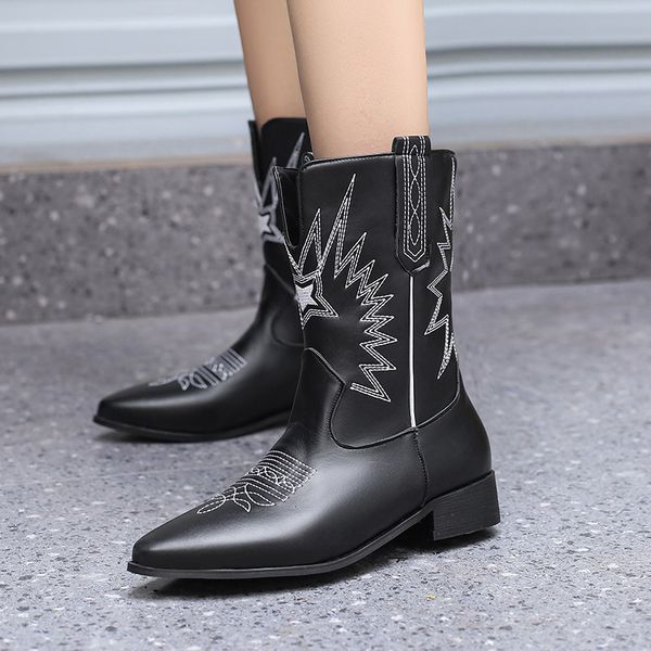 

boots winter ladys western cowboy female chunky heels embroider design white black mid calf pointed toe womens shoes 43 42 230714