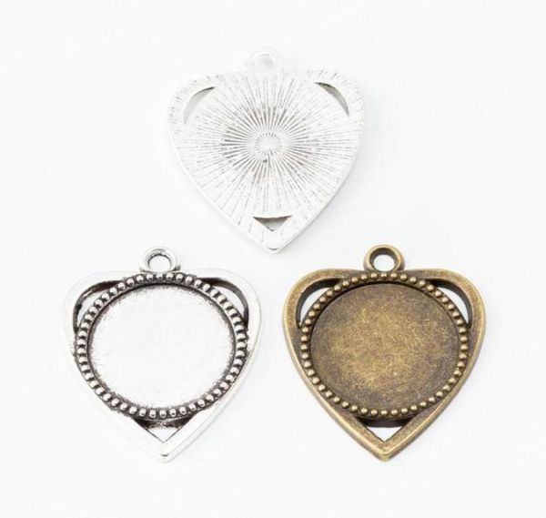 

40pcs 3025mm fit 18mm antique heart cabochon setting round blank pendant base silver color cameo stamping tray bezel jewelry4018155, Slivery;crystal