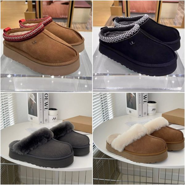 

designer slipper australia fluffy platform slides ug scuffs wool shoes winter boot sheepskin fur real leather classic brand casual women out, Black