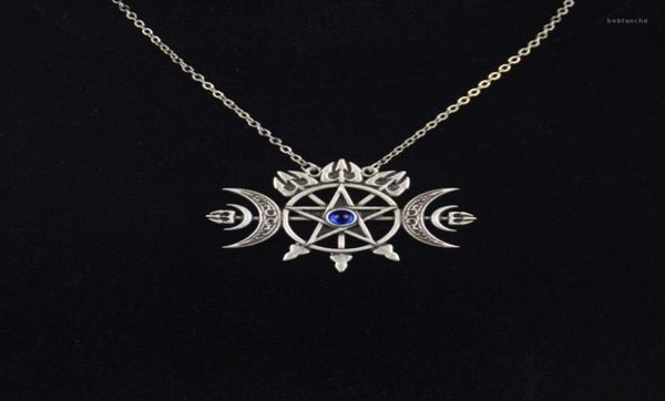 

pendant necklaces triple crescent moon with pentagram necklace sigil of spirit pagan jewelry wiccan gothic necklace12498310, Silver