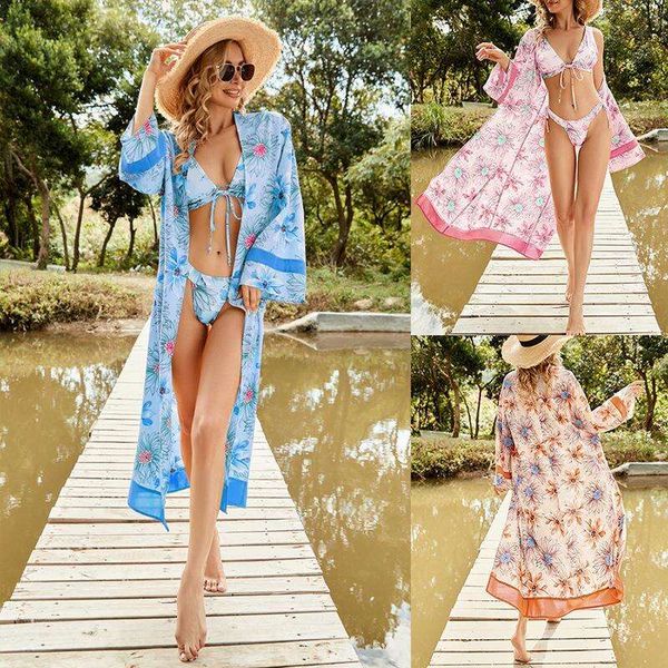 

summer swimming beach cover up dress printed sunscreen cardigan vacation bikini blouse, Black;gray
