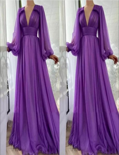 

simple elegant purple chiffon aline prom dresses long puff sleeves v neck draped empire floor length formal evening dress party g8349122, Black;red