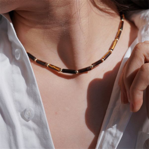 

pendant necklaces high grade handmade natural stone tiger eye beaded metal textured necklace temperament vintage jewelry gift women clavicle, Silver