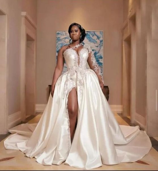 

dubai africa princess bridal gowns full sleeves white appliques mermaid bridal one shoulder wedding dresses with detachable train3569432