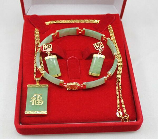 

green jade 18k gold plated bracelet earrings necklace pendant jewelry party sets6352317, Black