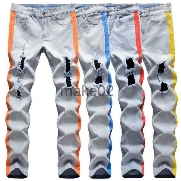 

men's jeans mens distressed washed elastic denim pantsprinted slimfit straight ripped jeanshigh streetbiker styleyouth fashion must x07, Blue