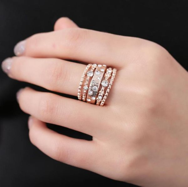

5 pcs charm vintage sparkly rose gold color crystal rhinestone stackable ring set for women wedding jewelry6155257, Golden;silver