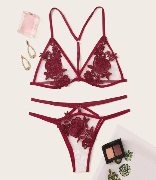 

women underwear set bra set flower embroidered applique lace bra sleepwear red lingerie set5817873, Red;black