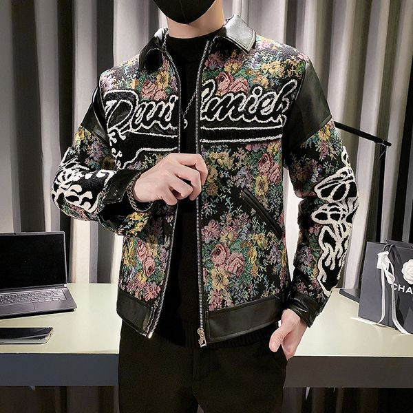 

men's jackets winter jacquard jacket men fashion pu splicing bomber jacket men casual social streetwear coat jaqueta masculina 230714, Black;brown