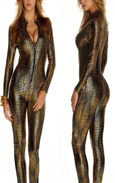

3 colors novelty snakeskin costume ladies faux leather catsuit game cosplay gothic zipper up jumpsuit girl nightclub dancing 9191236, Black