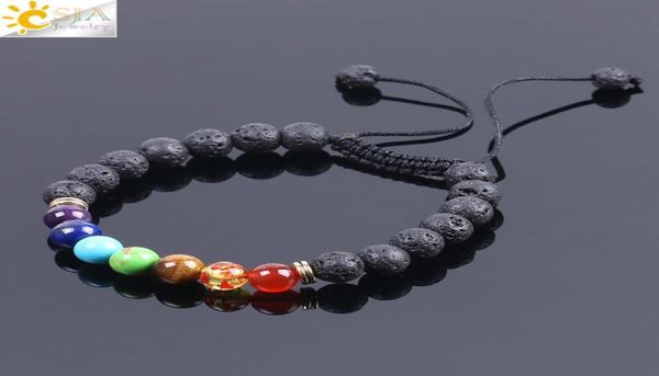 

csja chakra lava stone bracelet with colored stones black natural gemstone round beads adjustable braided rope men charm yoga brac9529152