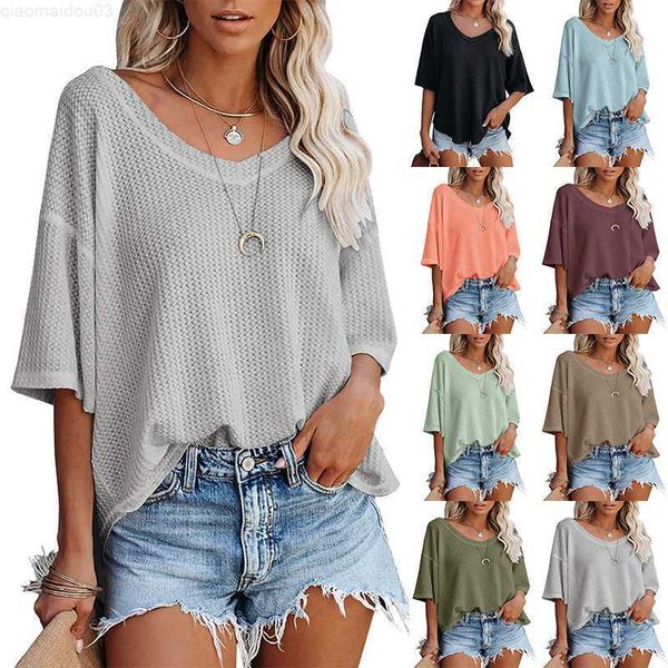 

women's t-shirt 2023 summer new v-neck bat sleeve waffle knitted loose solid color series short sleeve t-shirt women's l230713, White