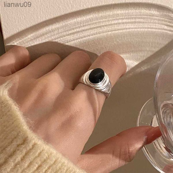 

925 sterling silver unique black stone ring for women jewelry finger adjustable open vintage ring for party birthday gift l230704, Golden;silver