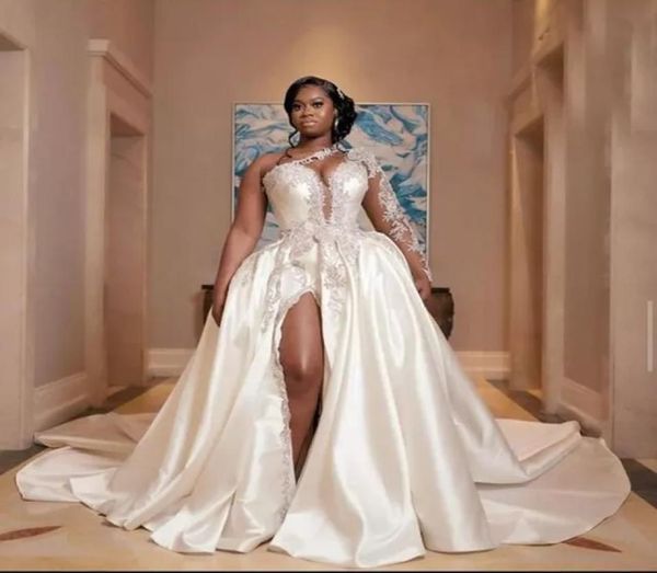 

dubai africa princess bridal gowns full sleeves white appliques mermaid bridal one shoulder wedding dresses with detachable train9530775