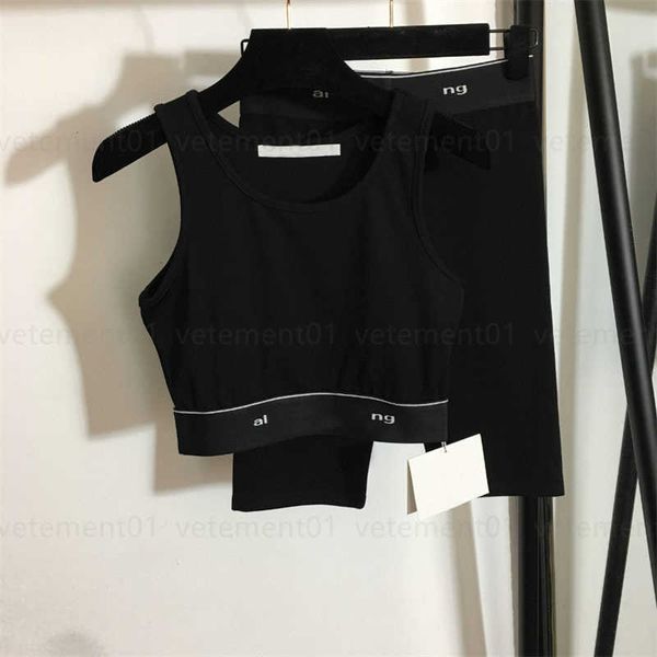 

designer black yoga sport two piece set tracksuit woman alphabet webbing waist tank five points athletic shorts summer cooler suit, White