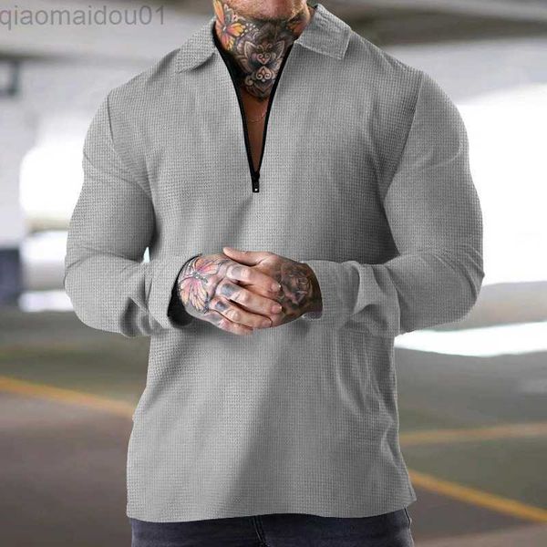 

men's t-shirts casual waffle solid polo shirt men spring summer fashion turn-down collar zipper mens long sleeve loose polo t shirts 2, White;black