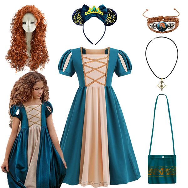 

girl's dresses christmas children princess merida dress up carnival party brave cosplay costume summer girls vintage dark green cotton, Red;yellow