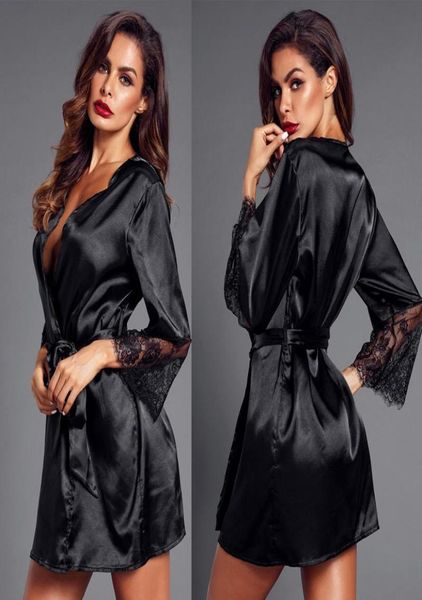

women039s sleepwear 2022 female pajamas black white deep vneck lace stitching erotic lingerie bridal lacing dressing gown3838340, Black;red
