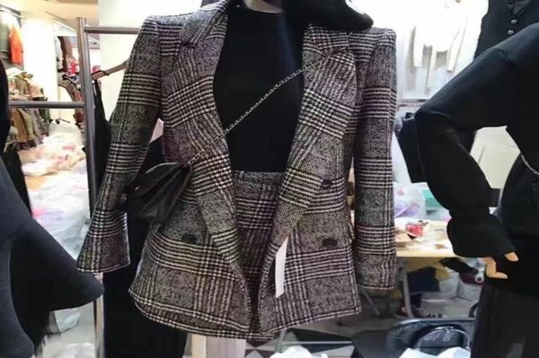 

autumn winter runway designer tweed formal suits for women office lady plaid blazer jacket mini skirt 2 piece set work drs6695013, White;black