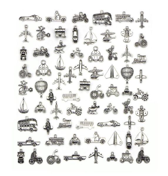 

mixed 70 designs retro silver color traffic transportation pendant fitting vehicle ship aircraft charms diy jewelry accessories 709279449, Black