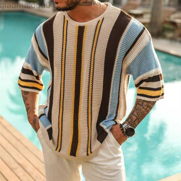 

men's t-shirts spring summer mens knit t shirt vintage jacquard striped stitch knitted men clothes fashion loose half sleeve o neck ju, White;black