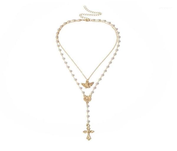 

gold cross pendant choker necklace long imitation pearl beaded chain rosary madonna coin necklaces pendants religious jewelry1192j1565432, Silver